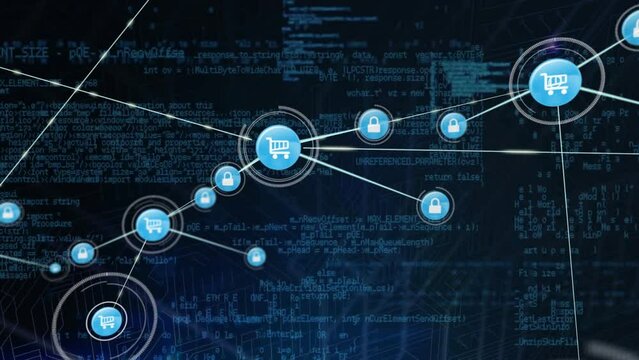 Animation of connected icons and computer language over black background