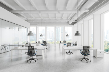 Light business interior with coworking and conference zone, panoramic window