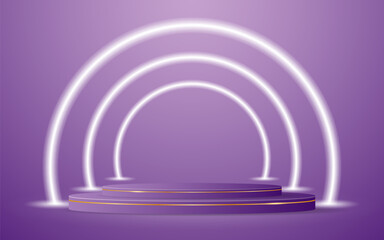 Purple podium with a glowing white circle line on the back for product presentation. Display of cosmetic products. Stage or podium. vector illustration	