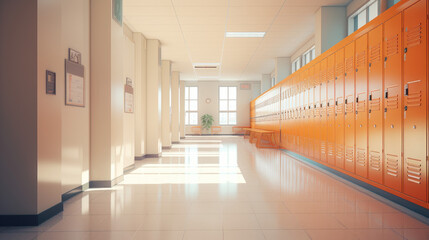 Sunlit School Corridor with Secure Lockers - obrazy, fototapety, plakaty