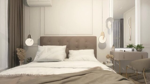 Apartment, bedroom in light colors, 3D video.