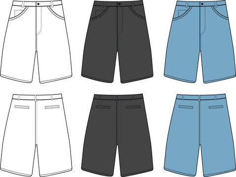 Men's cargo shorts flat sketch vector illustration fashion front and back view, white, pockets, elastic waistband, unisex CAD mockup design,