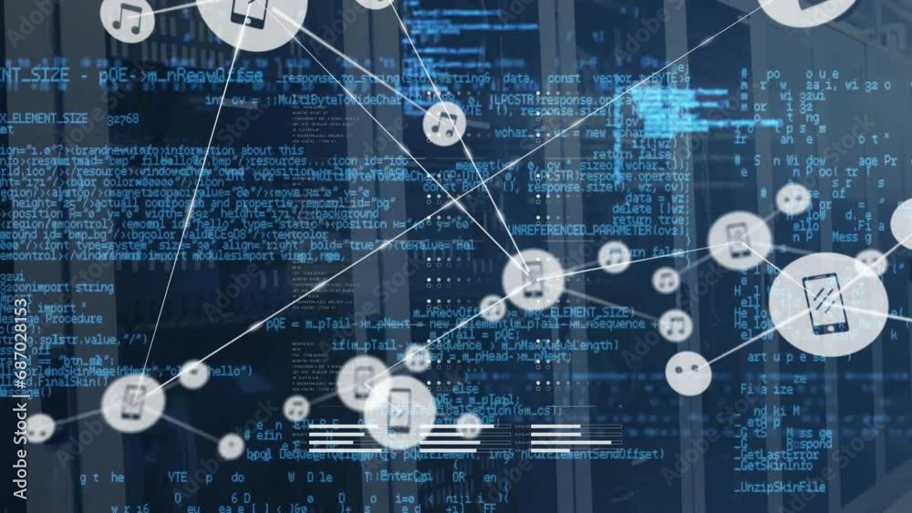 Poster animation of connected icons and computer language over data server room