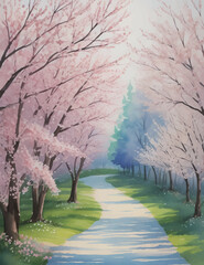 桜の木と青い空の水彩風イラスト Generative AI