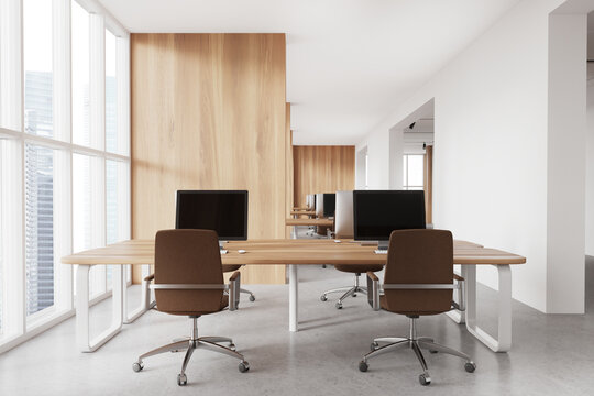 White and wooden open space office interior