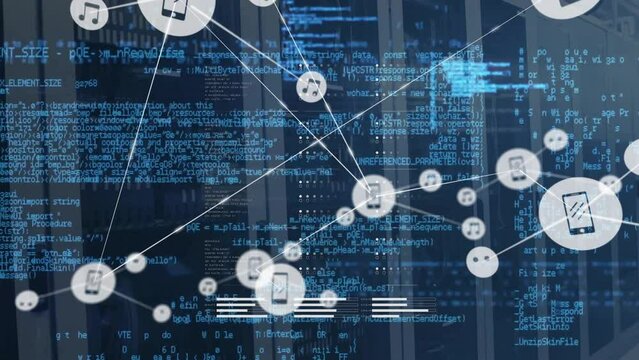 Animation of connected icons and computer language over data server room