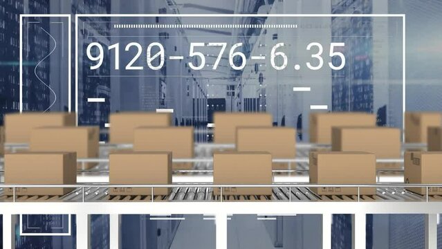 Animation of graph, loading bar, cardboard boxes on conveyor belts, binary codes on server racks