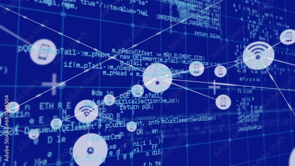 Poster animation of connected icons, grid pattern and computer language over blue background
