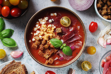 Spanish traditional tomato soup salmorejo	