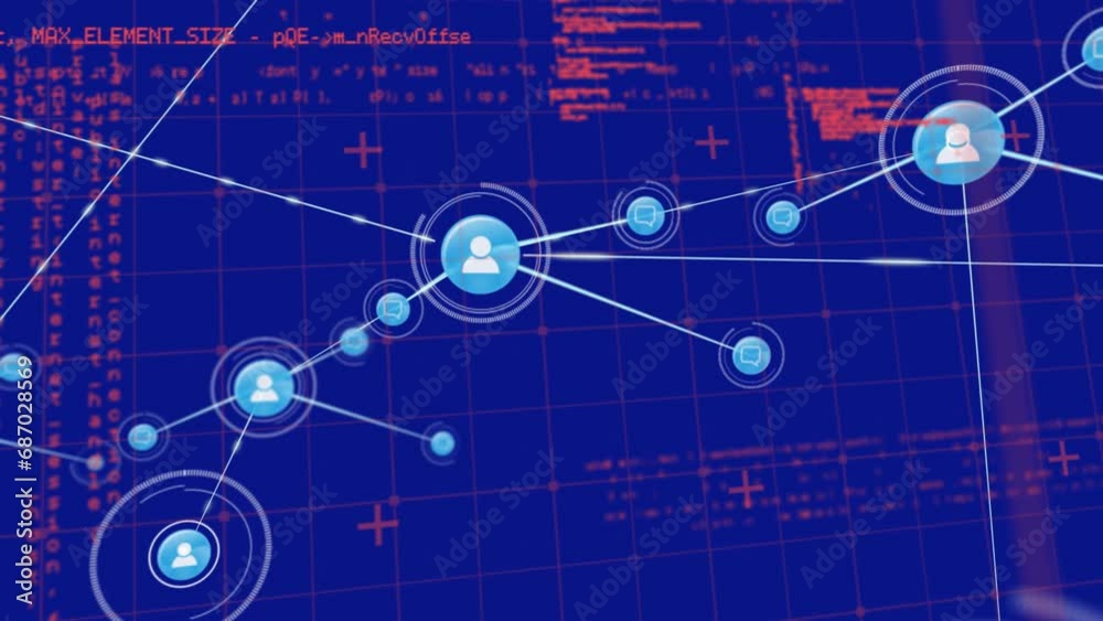 Poster animation of connected icons and computer language over blue background