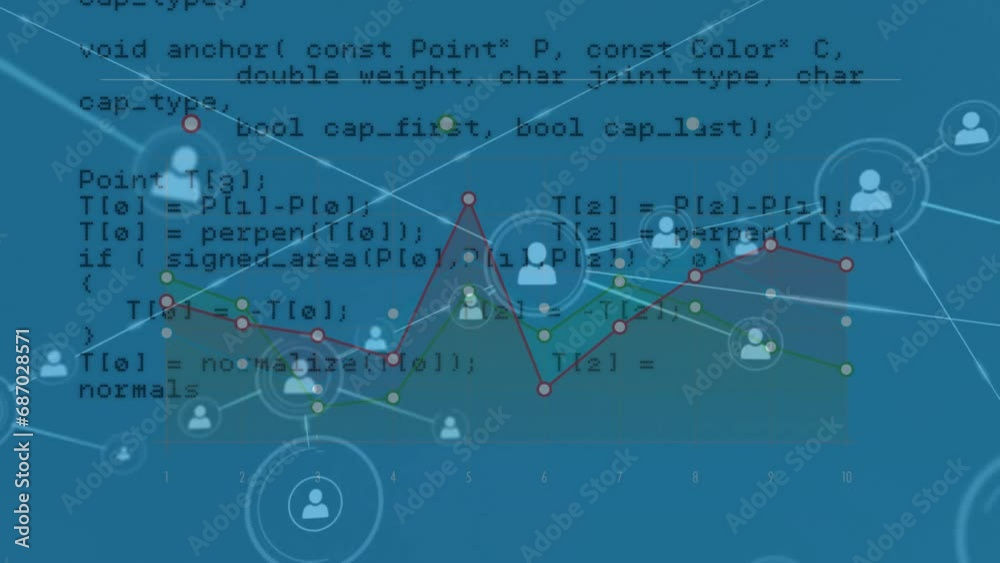 Poster animation of connected icons, graph and computer language over abstract background