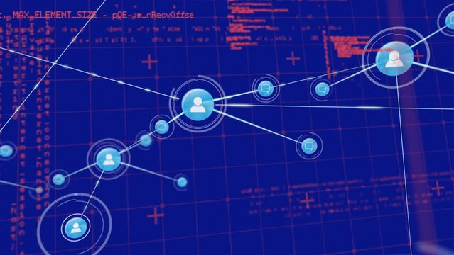 Animation of connected icons and computer language over blue background