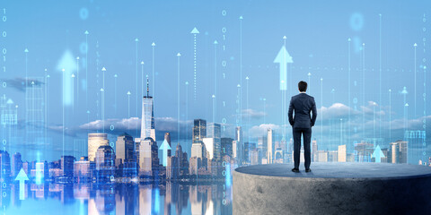 Businessman on a stand, skyline with rising arrows and smart city connection