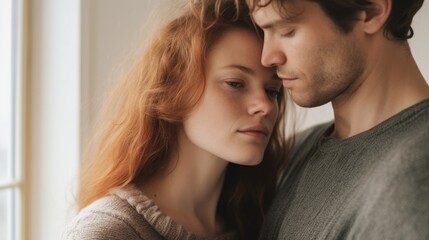 An affectionate portrait of a middle-aged European couple embracing.
