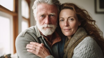 In their home, a middle-aged European couple holds each other close.