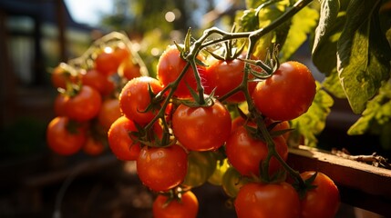 A close-up of a garden teeming with tomato plants - obrazy, fototapety, plakaty