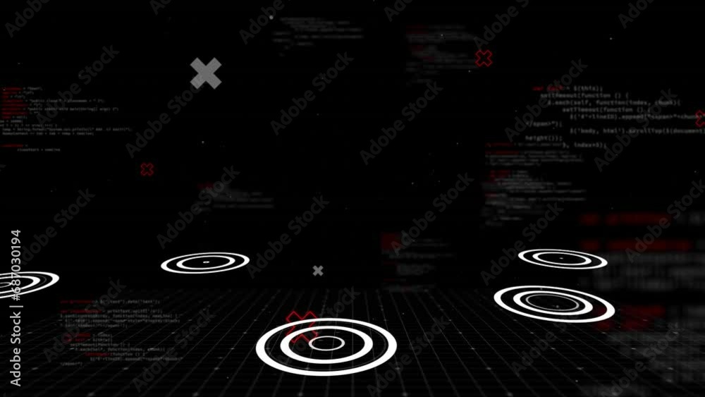 Poster animation of flowchart of circles and computer language over black background