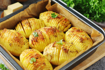 Hasselback potatoes - typical Swedish cuisine	