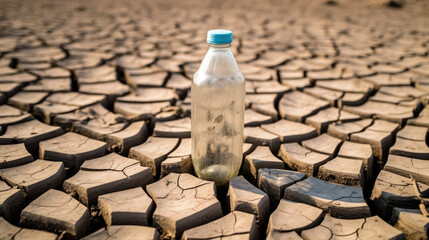 Water bottles on dry soil with dry and cracked soil. Global warming concept
