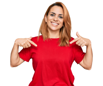 Hispanic young woman wearing casual red t shirt looking confident with smile on face, pointing oneself with fingers proud and happy.
