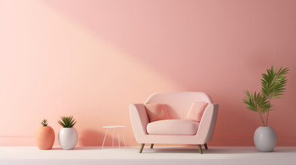 Minimal interior design of a stylish pastel room. Peach pink wall, pink armchair with pillows, white side table, ceramic vases, plants. Sunlight. Empty wall mock up background. 