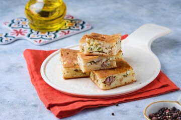 Sliced savory pie with canned tuna, boiled egg and green onions on a ceramic plate on a gray concrete background.