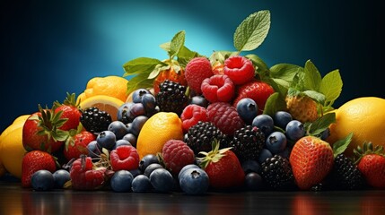 An arrangement of ripe fruits set against a vibrant