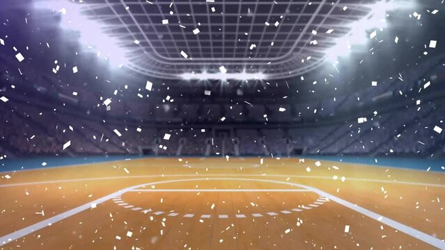 Animation of falling confetti over light on roof of empty basketball court