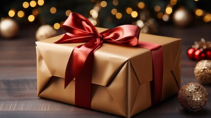 A golden gift box adorned with a red bow