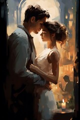 Fototapeta na wymiar romantic couple, rendered in impressionism style, copy space, generative ai