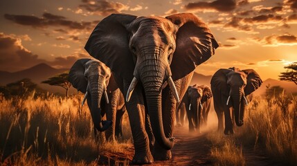 A group of elephants in the savanna during sunset - obrazy, fototapety, plakaty