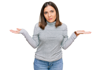 Young beautiful woman wearing casual turtleneck sweater smiling showing both hands open palms, presenting and advertising comparison and balance