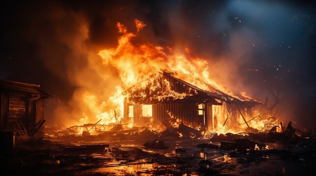 A burning building or house engulfed in flames