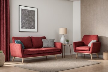 Interior design mockup with picture frame on a Wall. Living room in colors with sofa and painting.
