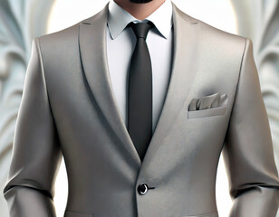 Man in business suit. Detail of a pearl gray men's suit with black tie and gray pochette. Neutral and soft background. Generative AI.