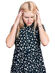 Young caucasian woman together with hand on head for pain in head because stress. suffering migraine.