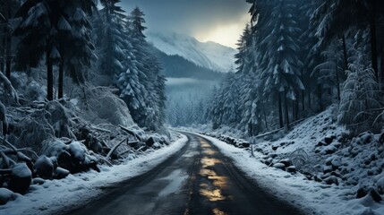 A curvy windy road through a snowy forest