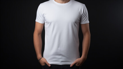 Man wearing white t-shirt, isolated in dark background