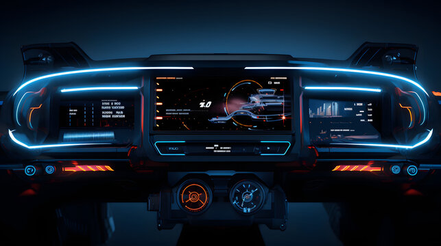 Futuristic instrument panel of vehicle. Generative Ai.