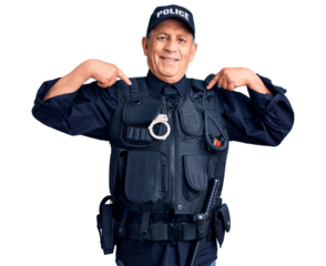 Senior handsome man wearing police uniform looking confident with smile on face, pointing oneself with fingers proud and happy.