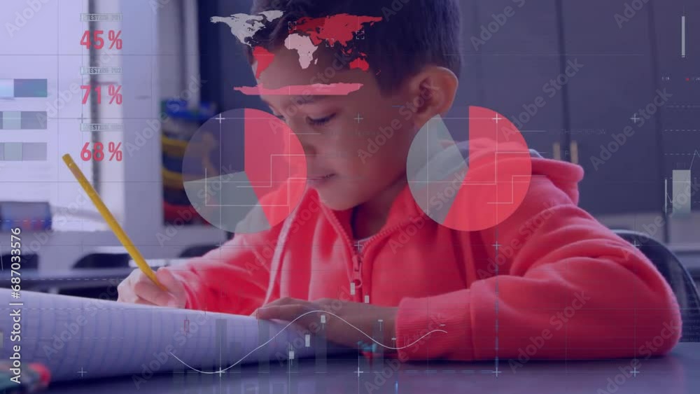 Poster animation of multicolored infographic interface over writing on notebook in classroom