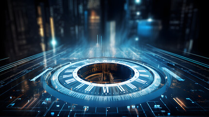 Futuristic time clock hand and clock face digital transformation abstract technology background. Business growth currency stock timer and investment economy. Generative Ai.