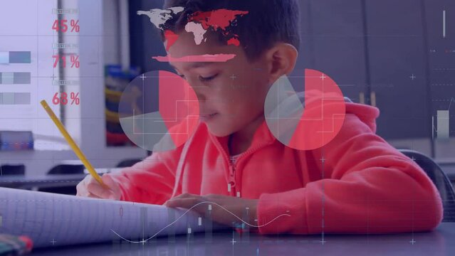 Animation of multicolored infographic interface over writing on notebook in classroom