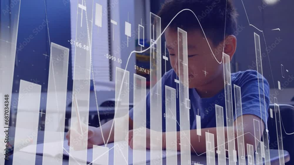 Poster animation of multiple graphs with changing numbers over asian boy writing in notebook