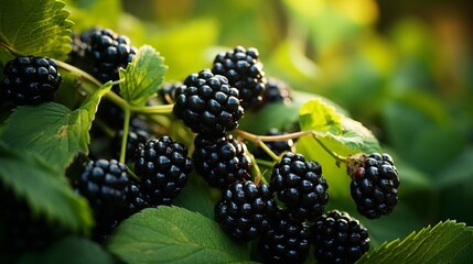 A cluster of ripe blackberries on a bush set against