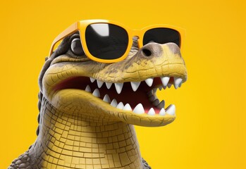 A close-up of an alligator wearing sunglasses. Anthopomorphic image. A fictional character for advertising and marketing. Humorous character for graphic design.