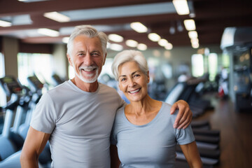 Smiling senior couple, fitness enthusiasts in grey outfits, moment of camaraderie in well-equipped gym sharing joy in staying active together. Mutual support and companionship in active Aging - obrazy, fototapety, plakaty