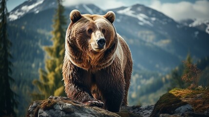 A brown bear stands atop a rock with a backdrop - obrazy, fototapety, plakaty