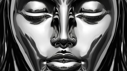 A close-up of a shiny metallic female face. A chrome mask with closed eyes. Digital art. Illustration for cover, card, postcard, interior design, banner, poster, brochure or presentation.