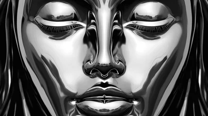 Foto op Canvas A close-up of a shiny metallic female face. A chrome mask with closed eyes. Digital art. Illustration for cover, card, postcard, interior design, banner, poster, brochure or presentation. © Login